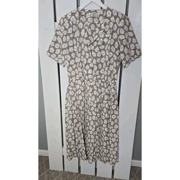 Vintage Orvis Tradwife Pleated Tan Floral Print Button Collared Midi Dress L‎ - Picture 1 of 12